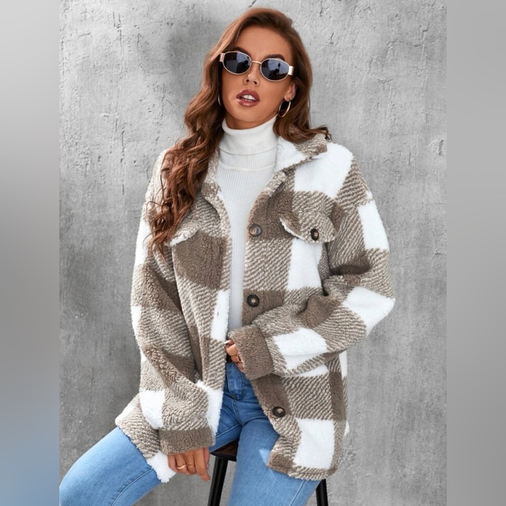 oversized plaid fuzzy coat